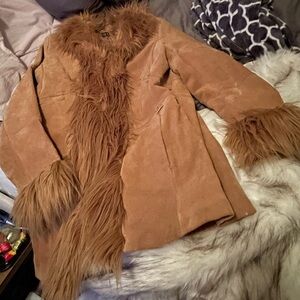 Women's Vintage Brown Suede Coat with Faux Fur Trim